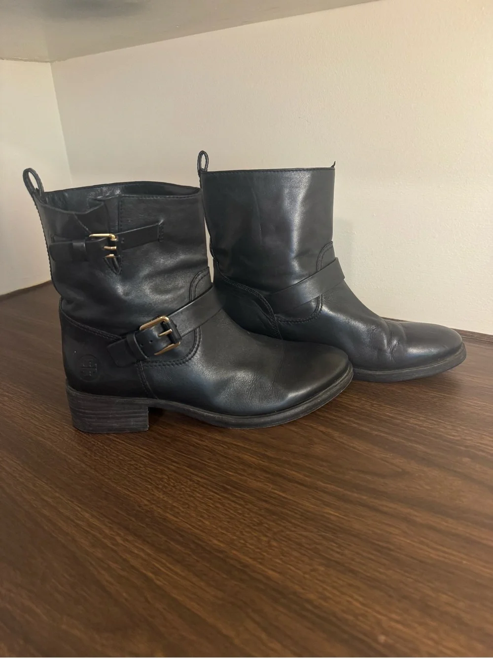 Tory Burch Black Leather Moto Ankle Boots Buckle Engineer Boots Women’s Size 9M